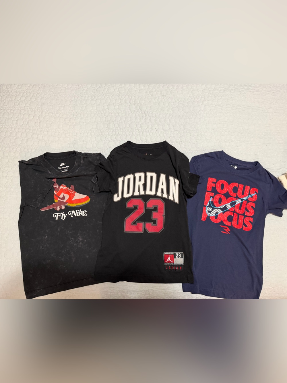 Boys Jordan Black Tee with Red '23' plus fly Nike tee and focus Nike tee